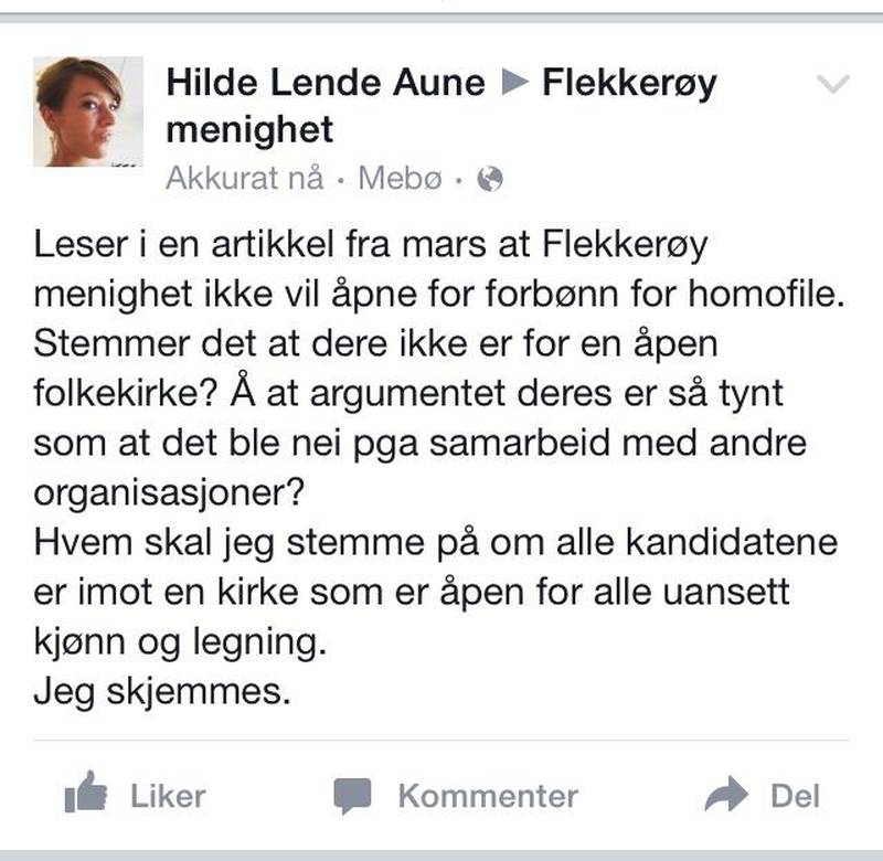 Dette innlegget gjorde at Hilde Lende Aune ble blokkert fra Flekkerøy menighets Facebook-side. 
