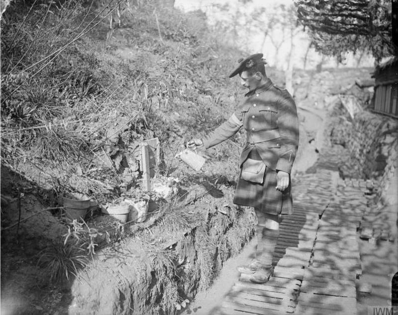 Britisk infanterist som passer på plantene sine ved skyttergravslinjen nær den franske byen Héninel under første verdenskrig.
