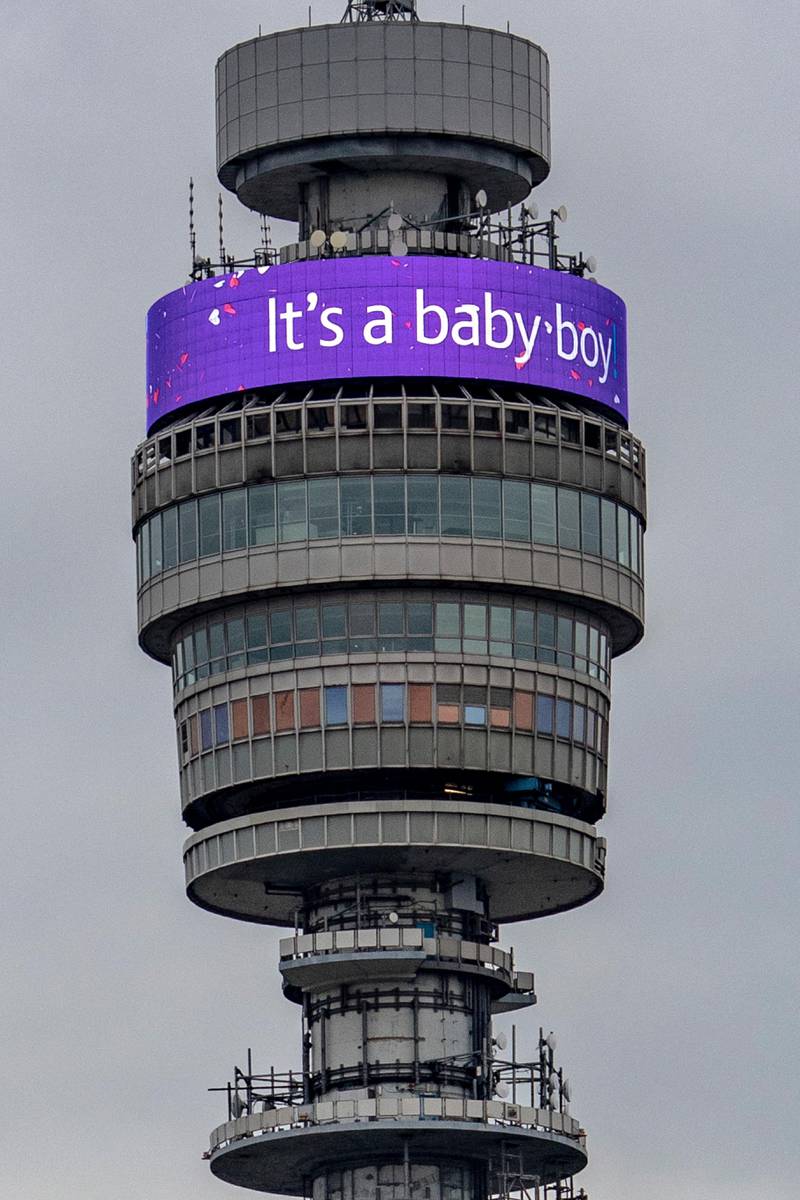 The BT Tower displays a message in celebration of the birth of Prince Harry, and Meghan, the Duchess of Sussex's new baby boy, in London, Monday May 6, 2019. (AP Photo/Vudi Xhymshiti)