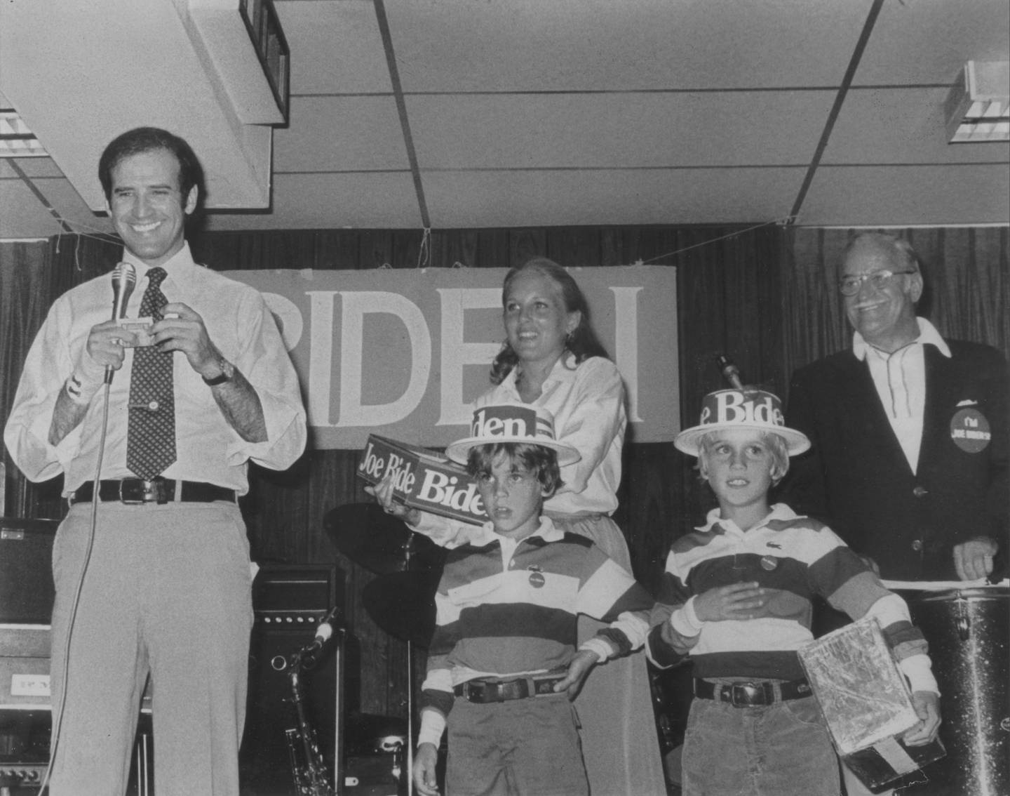 ** FILE ** In this photo provided by Sen. Biden's office, Sen. Joe Biden, D-Del., stands on stage with his wife Jill and sons, Hunter, left, and Beau, along with his father, Joe Biden Sr., during a campaign event in 1988. Biden has lived a life of second chances, a cycle that's been cruel and redemptive by turns. Now he's starting over once again. Deeply private yet in-your-face, collegial yet ideological, the Delaware senator brings a wealth of foreign policy experience to Barack Obama's Democratic ticket, plus wisdom in the ways of Washington and an infectious enthusiasm for political donnybrooks. (AP Photo/Sen. Biden's office)