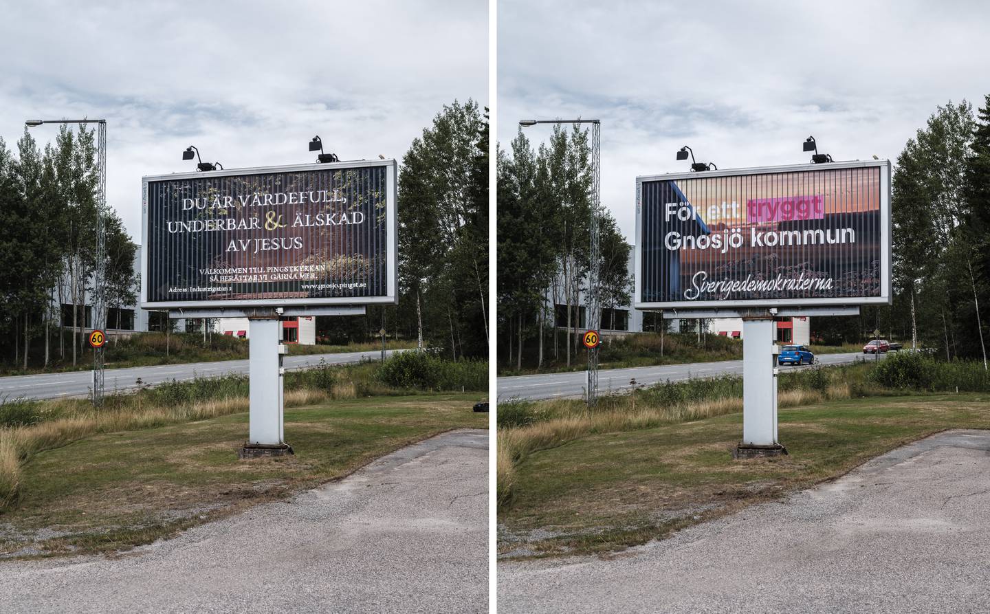Sverige bibelbelte. På jakt etter den svenske kristenvelgeren. Valgplakater i Gnosjö.