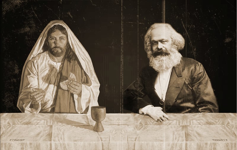 For 68-generasjonens kristensosialister var den religionskritiske Karl Marx (til høyre) en viktig støttespiller for å bringe de etiske idealene til Jesus (til venstre) ut i verden. Illustrasjon: Sondre Hansen / Rein design