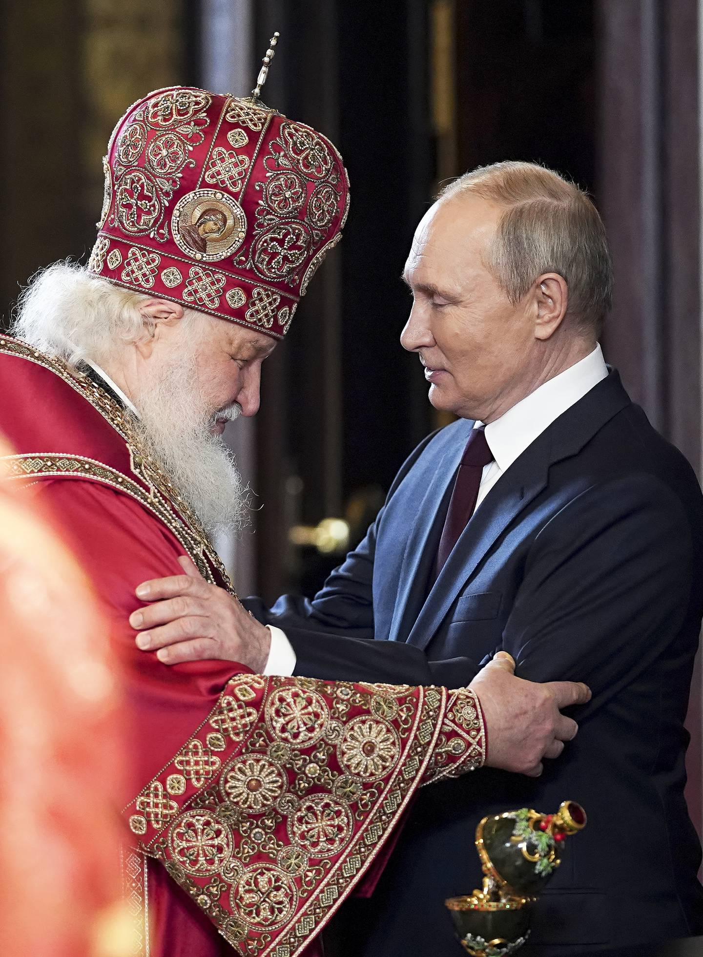 VENNER: In this handout photo released by Russian Orthodox Church Press Service, Russian Orthodox Church Patriarch Kirill, left, and Russian President Vladimir Putin congratulate each other after the Easter service at the Christ the Savior Cathedral in Moscow, Russia, early Sunday, April 24, 2022. Eastern Orthodox churches observe the ancient Julian calendar, and this year celebrate the Orthodox Easter on April 24. (Oleg Varov, Russian Orthodox Church Press Service via AP)