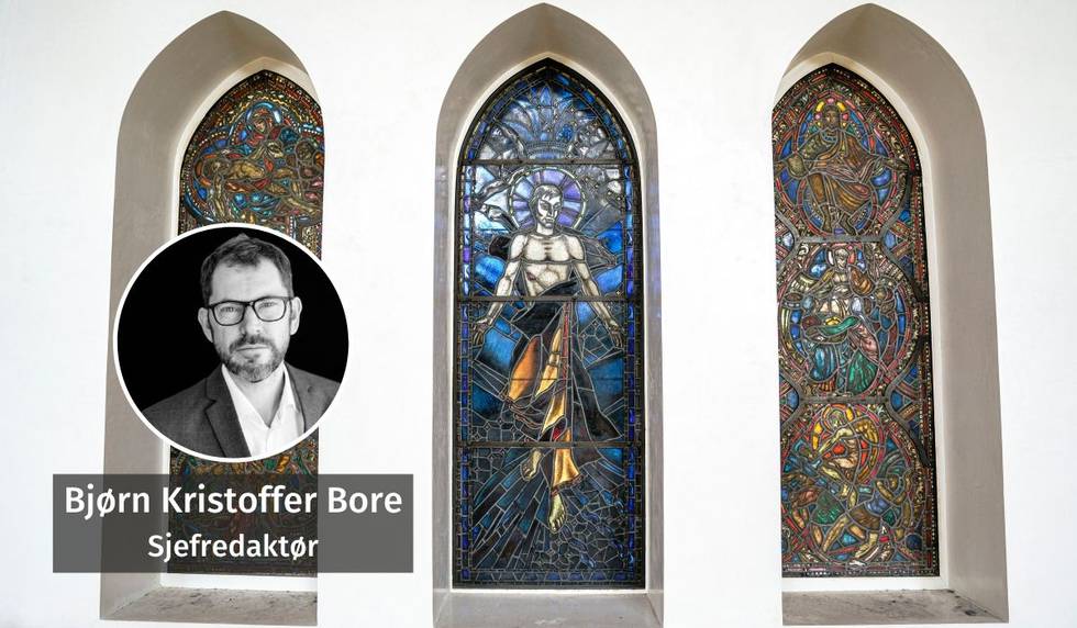 Tvers igjennom død til seier: Dette glassmaleriet ble i 1934 satt inn i stedet for altertavlen i Nordstrand kirke.