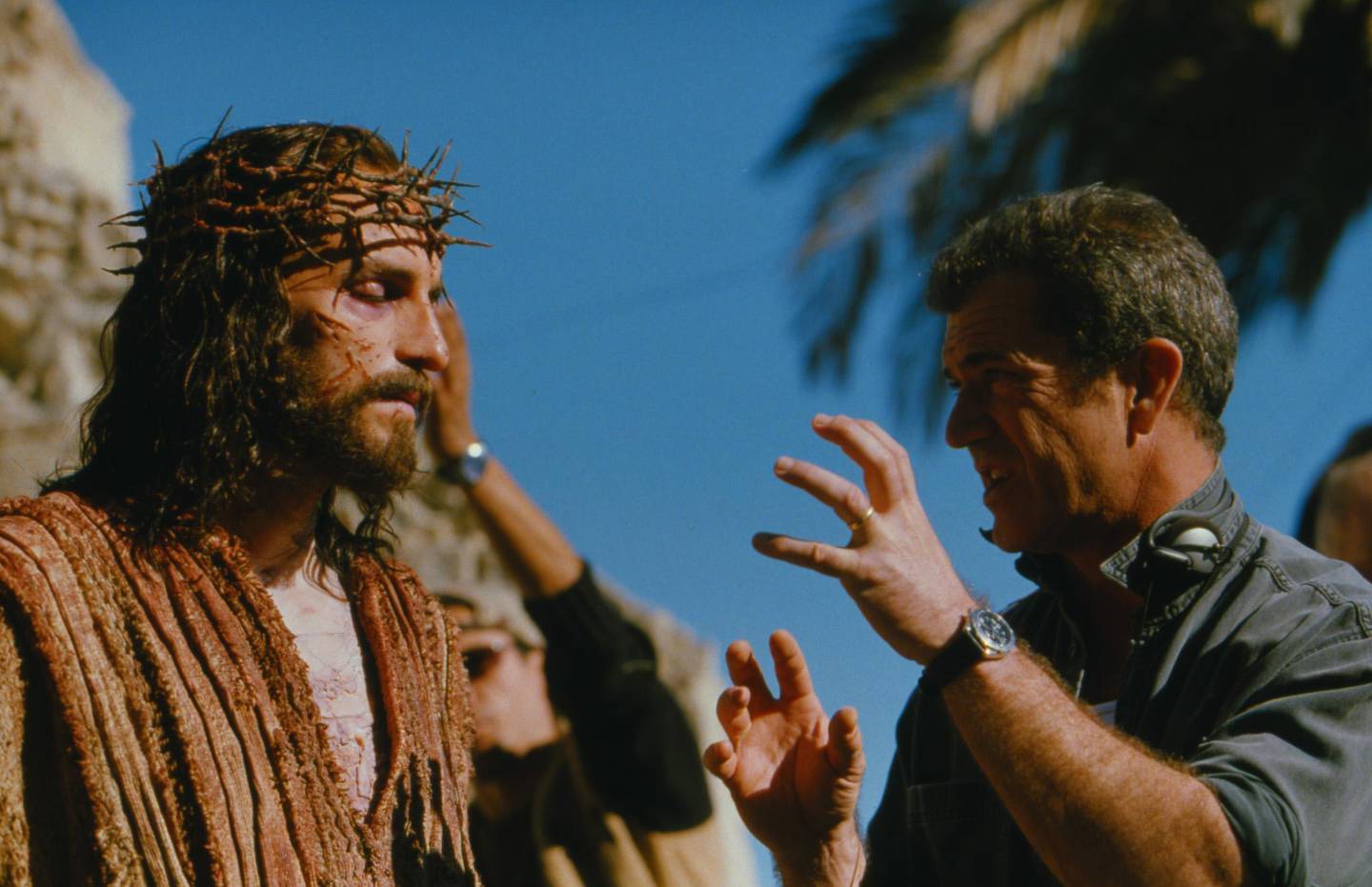 
** TO GO WITH STORY TITLED GIBSON FILM **Mel Gibson, right, directs Jim Caviezel on the set of Gibson's movie ?The Passion of The Christ,? in this undated publicity photo.The film, slated for release in February 2004, has stirred controversy over his depiction of Jews.(AP Photo)