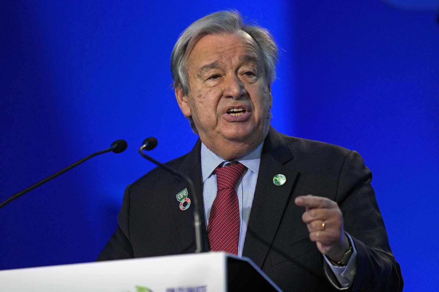 FNs generalsekretær António Guterres taler på COP26-møtet i Glasgow i Skottland, torsdag 11. november 2021. Foto: Alastair Grant / AP / NTB