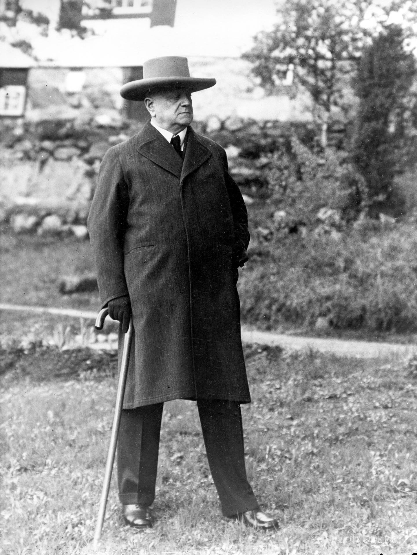Finnish composer Jean Sibelius, wearing a broad brimmed hat and holding a walking stick, is shown in Finland in Jan. 1938.  (AP Photo)