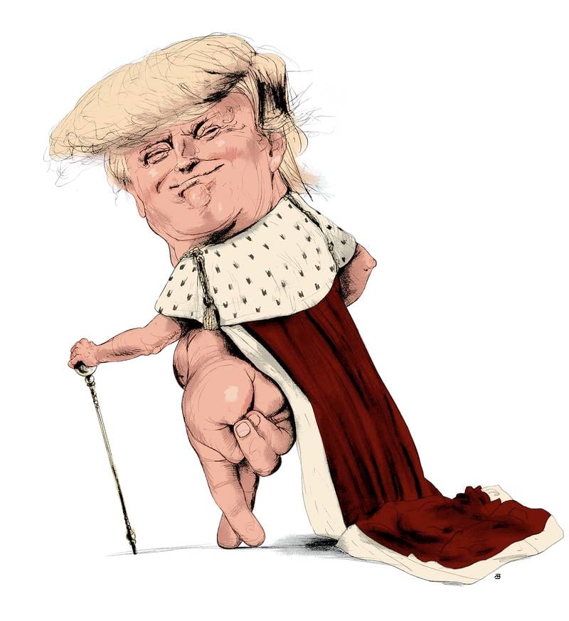 Donald Trump er en av de  få du kan si det om  at han er en fiks,  ferdig karikatur, mener Haller­aker. Tegningen har vært på Morgenbladets førsteside.