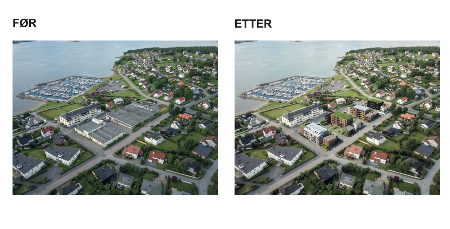 FØR/ETTER: Skisse av Frelsesarmeens forslag for utbygging av tomta på Jeløya i Moss