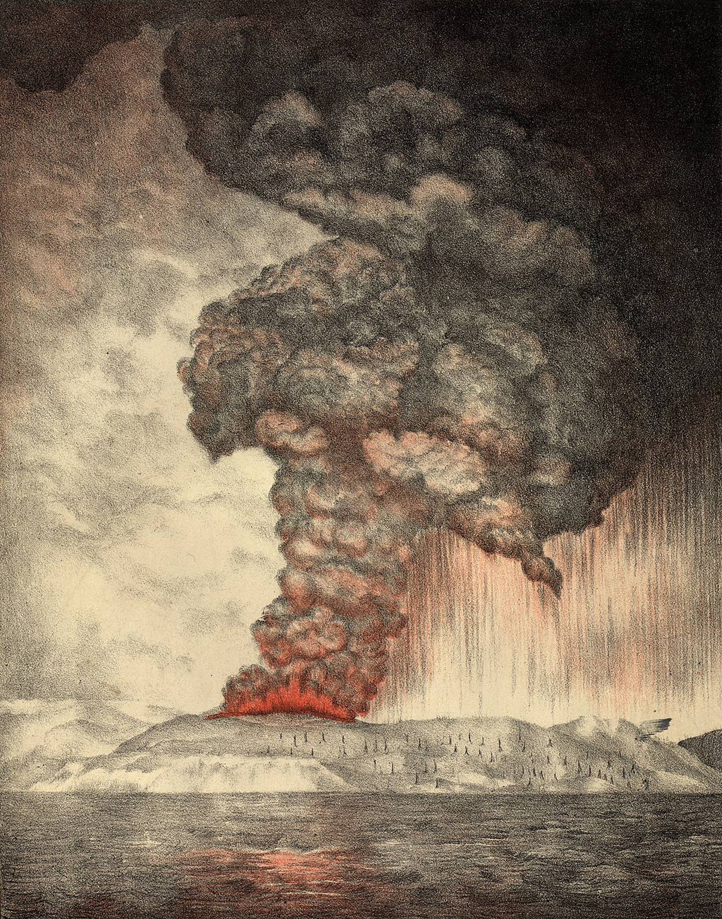 Litografi av Krakatoa-utbruddet i 1883, som forårsaket den blodrøde himmelen som Edvard Munch beskriver i sine dagbøker – og som mange mener er bakgrunn for de sterke rødfargene i Skrik.