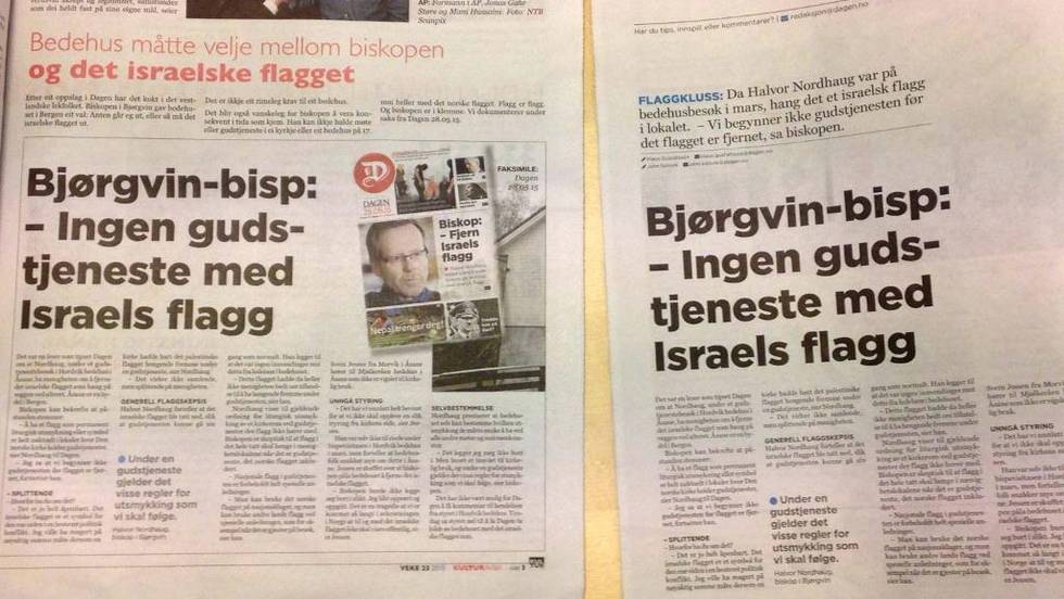 Ser du forskjell? Dagen-siden er til høyre, mens Norge Idag er til venstre. Den eneste forskjellen er at Norge Idag har kuttet inngangen og lagt inn en ekte faksimile av forsiden til Dagen.