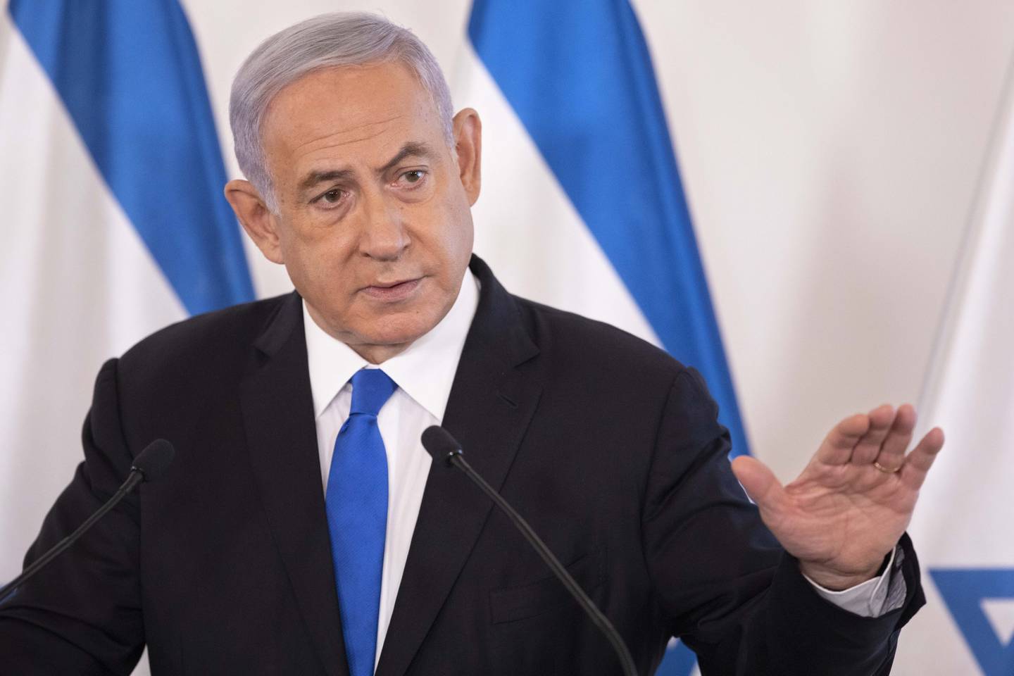 Statsminister Benjamin Netanyahu under møtet med utenlandske ambassadører i Tel Aviv onsdag. Foto: Sebastian Scheiner / Pool / NTB