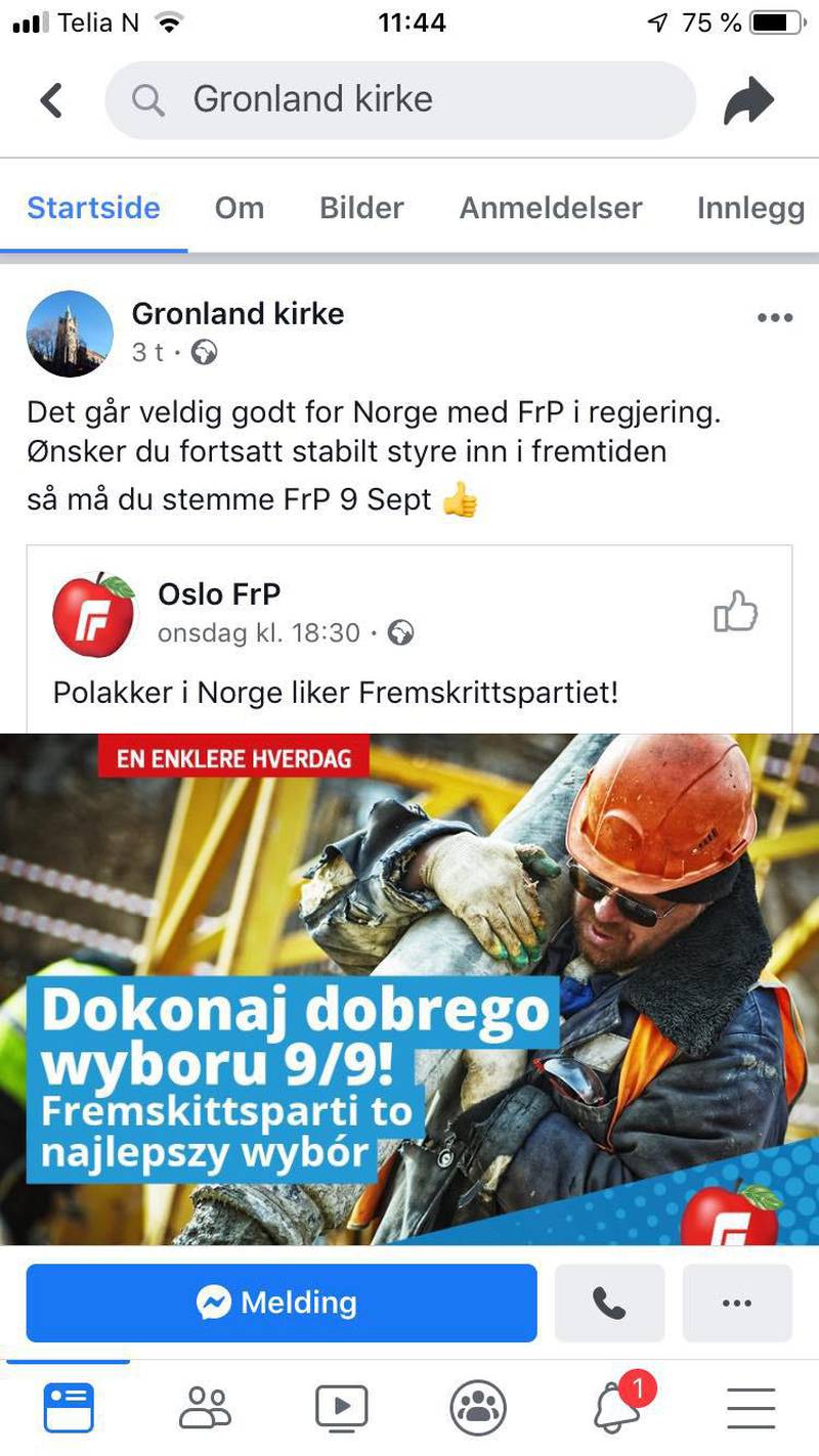 Oslo 2019830. 
Flere falske facebookprofiler for Oslo-kirker reklamerer for Fremskrittspartiet
Foto: Skjermdump Facebook / NTB scanpix