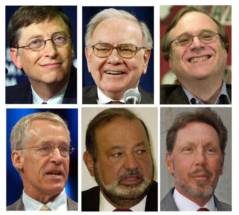Bill Gates troner fortsatt på toppen av The Forbes list, oversikten over de 500 rikeste menneskene i verden. På plassene etter Bill Gates som verdes rikeste, følger (fra venstre): Carlos Slim, Warren Buffett, Amancio Ortega, Larry Elison, Charles Koch og David Koch.