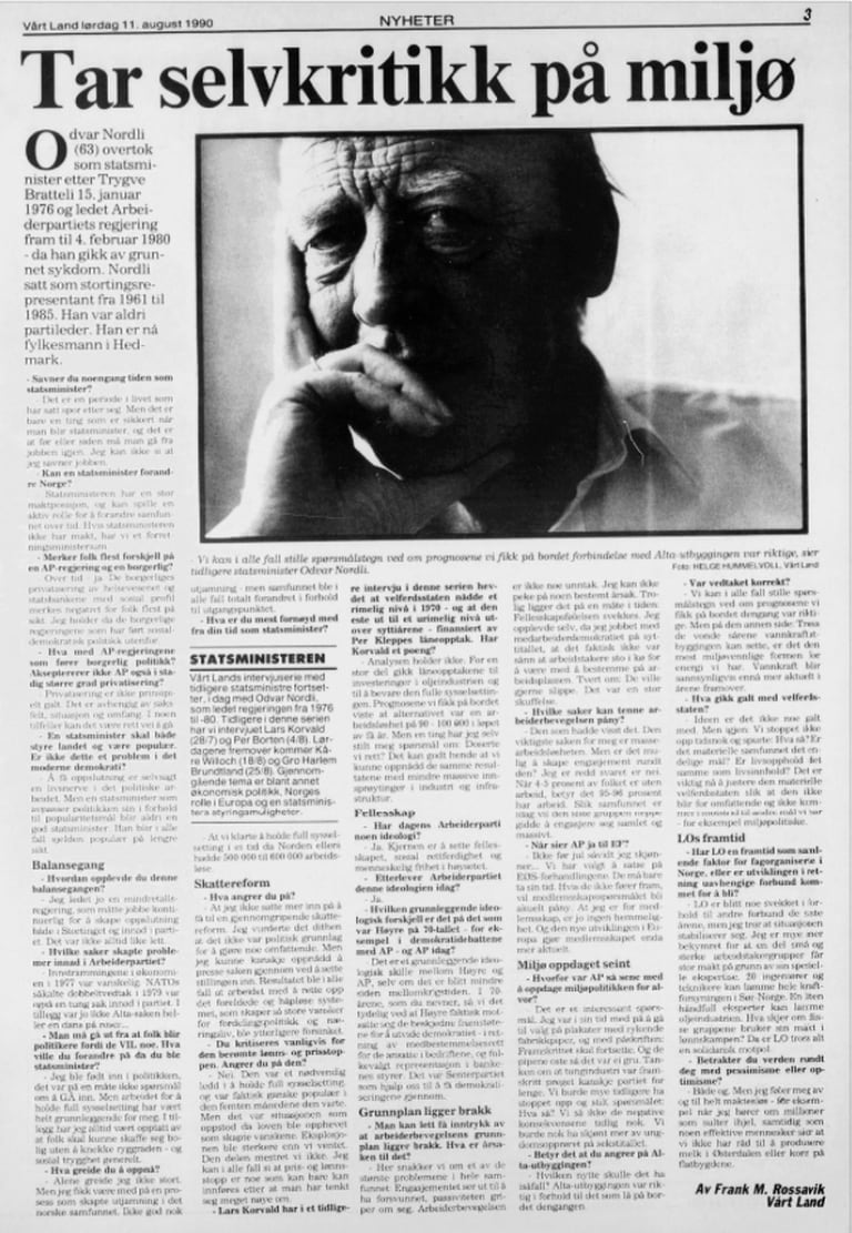 Odvar Nordli, intervju i Vårt Land lørdag 11.08.1990