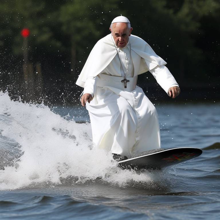 SURFING: Surfing er en av mange aktiviteter brukere av Midjourney har sett for seg paven gjøre. Bildet er datagenerert.