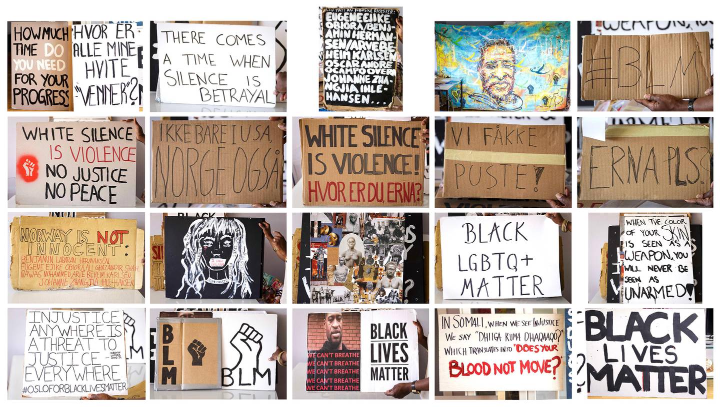 KOLLEKTIV BEVISSTHET: Dagen etter Black Lives Matter-demonstrasjonen i Oslo, bestemte Michelle Tisdel seg for å samle inn så mange av plakatene som mulig for å bruke til formidling. Her er et tverrsnitt av utvalget.