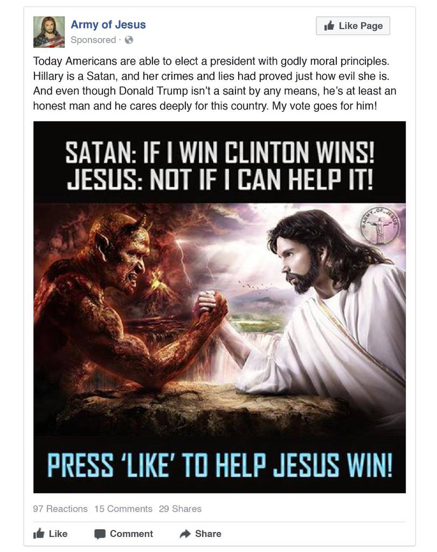 Denne ­posten viser «Jesus for Trump og Satan for Clinton», åpenbart om presidentkandidaten Hillary Clinton og støtte til Donald Trump. Men det er også annonser med støtte til Bernie ­Sanders.