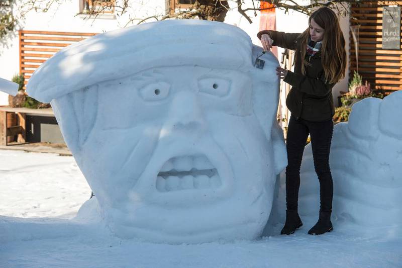 Tyske Magdalena Kammermeier har de siste dagene moret seg hjemme i hagen i Wenzenbach med å lage en isskulptur av Donald Trump, som i dag tas i ed som USAs 45. president.