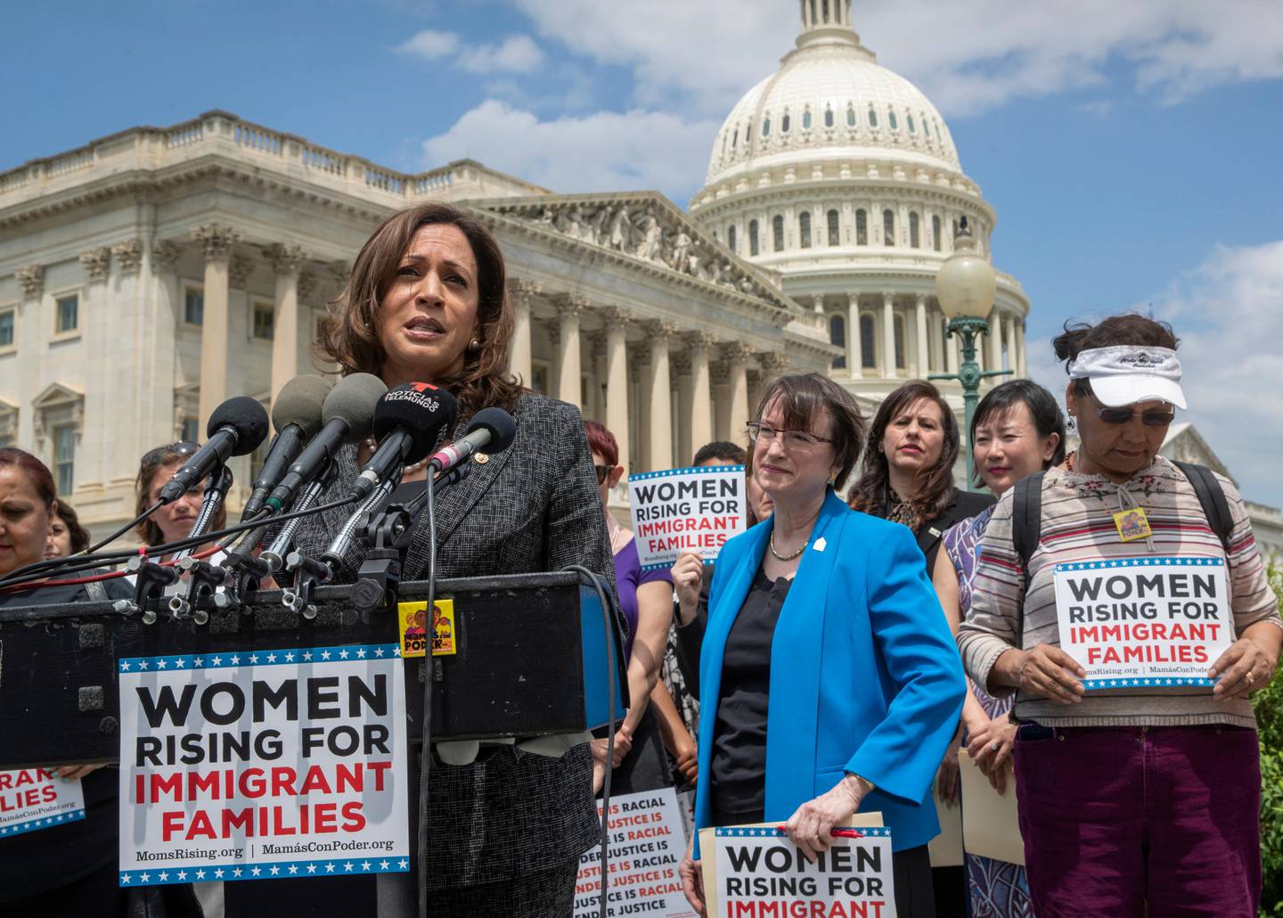 Sen. Kamala Harris, D-Calif., joins an women's advocacy group, MomsRising, to protest against threats by President Donald Trump against Central American asylum-seekers to separate children from their parents along the southwest border to deter migrants from crossing into the United States, at the Capitol in Washington, Wednesday, May 23, 2018. (AP Photo/J. Scott Applewhite)