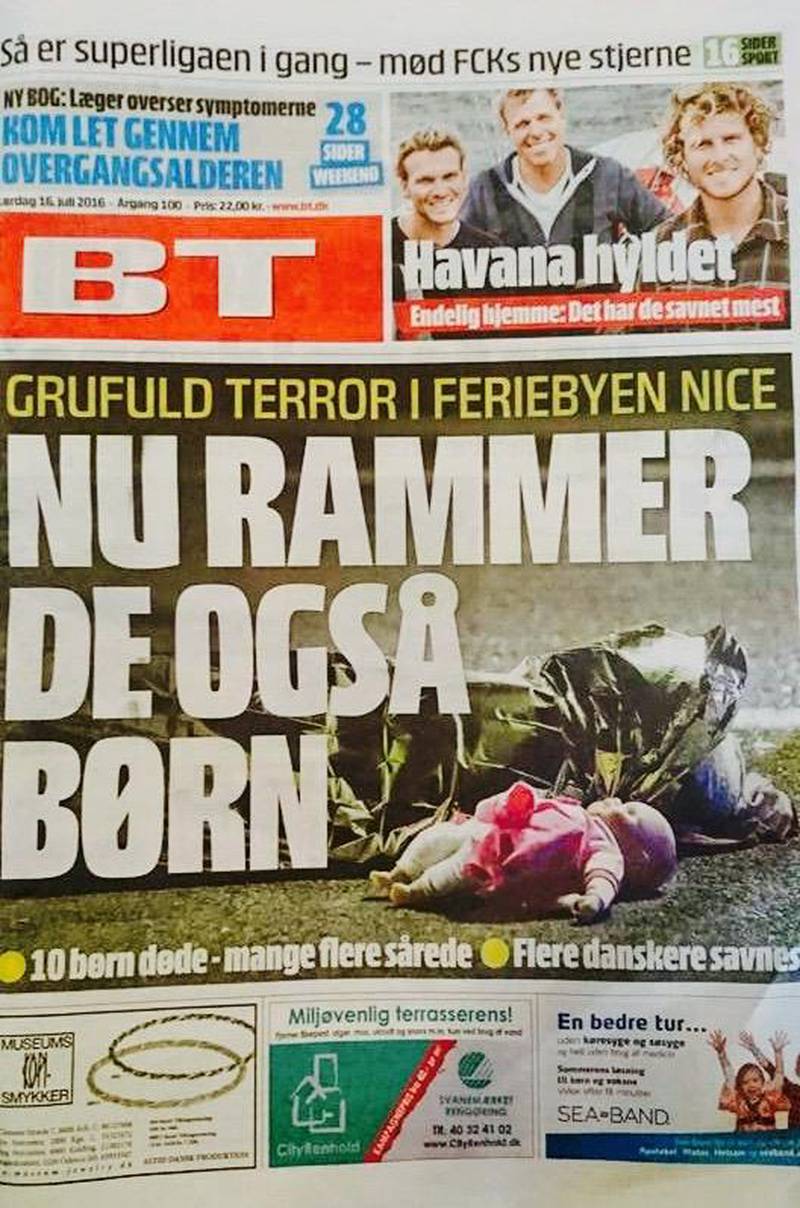 Forsiden til den danske avisen BT dagen etter terrorangrepet i Nice. – Slik «oss-mot-dem»-retorikk er velegnet til å mobilisere følelser mot en antatt fiende, men skaper samtidig et forenklet virkelighetsbilde som kan være skadelig for samfunnsdebatten, sier medieforskeren. 
