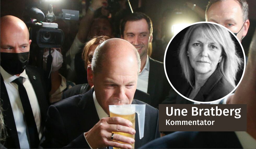 VINNER: Olaf Scholz tar seg en slurk øl på en valgfest søndag kveld. Han er leder for sosialdemokratene og vil gjerne blir Tysklands neste kansler.