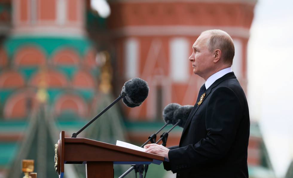 Russian President Vladimir Putin delivers his speech during the Victory Day military parade marking the 77th anniversary of the end of World War II in Moscow, Russia, Monday, May 9, 2022. (Mikhail Metzel, Sputnik, Kremlin Pool Photo via AP)