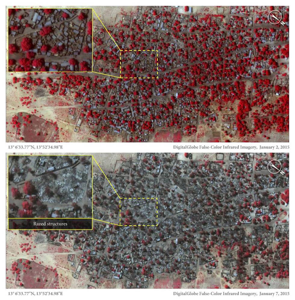 Byen Baga nordaust i Nigeria før og etter at Boko Haram raida han. Øvste satellittbilete viser byen med hus og vegetasjon ­2. januar. Det andre biletet viser korleis Baga såg ut 7. januar etter Boko Harams herjingar; det meste er svidd av og øydelagt.