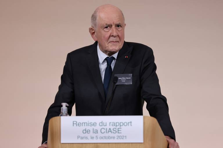 Commission president Jean-Marc Sauve speaks during the publishing of a report by an independant commission into sexual abuse by church officials (Ciase), Tuesday, Oct. 5, 2021, in Paris. A major French report released Tuesday found that an estimated 330,000 children were victims of sex abuse within France's Catholic Church over the past 70 years, in France's first major reckoning with the devastating phenomenon. (Thomas Coex, Pool via AP)