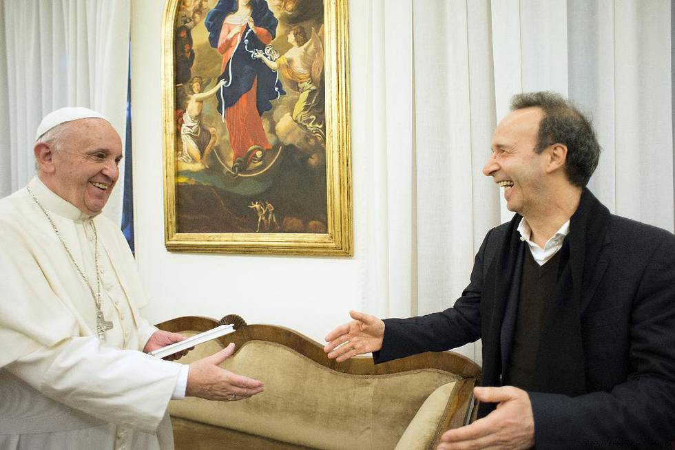 Den italienske Oscar-vinner Roberto Benigni møtte pave Frans samme dag som paven lanserte sin nye bok i Vatikanet. 