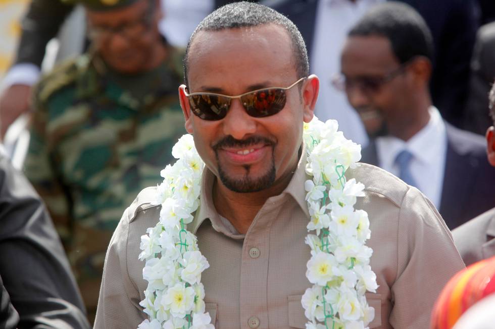 The new Prime Minister of Ethiopia, Abiy Ahmed, visits Mogadishu, Somali, Saturday June 16, 2018. (AP Photo/Farah Abdi Warsameh)