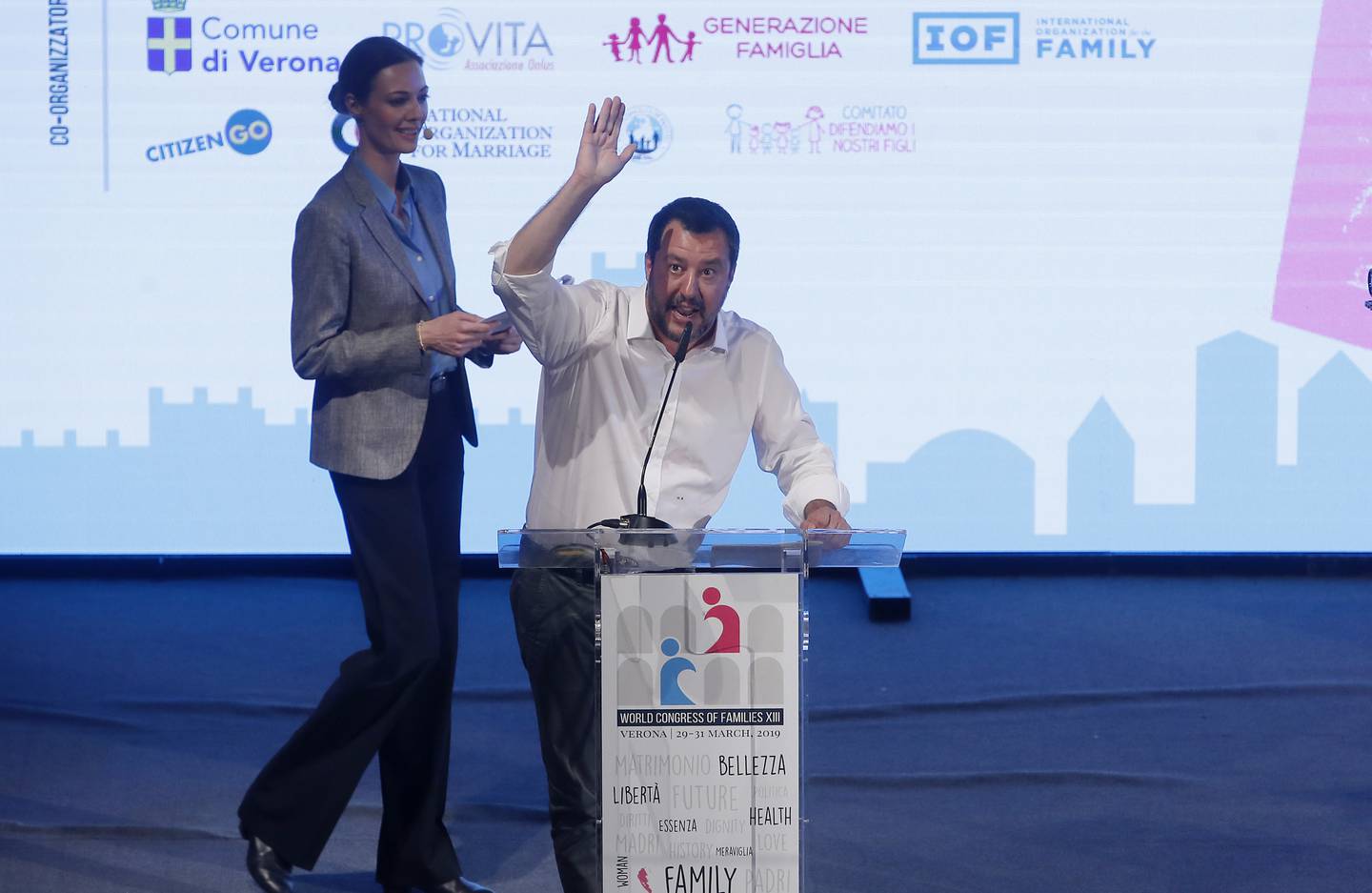 Italian Deputy-Premier Matteo Salvini delivers his speech at the World Congress of Families, in Verona, Italy, Saturday, March 30, 2019. A congress in Italy under the auspices of a U.S. organization that defines family as strictly centering around a mother and father has made Verona ?Äî the city of Romeo and Juliet ?Äî the backdrop for a culture clash over family values, with a coalition of civic groups mobilizing against what they see as a counter-reform movement to limit LGBT and women's rights. (AP Photo/Antonio Calanni)