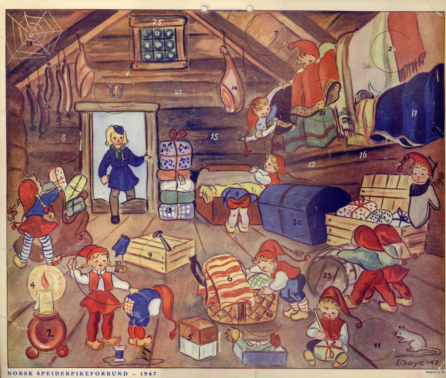 Første julekalender Norge, speiderpikeforbundet. Illustrert av  Elisabeth Boye