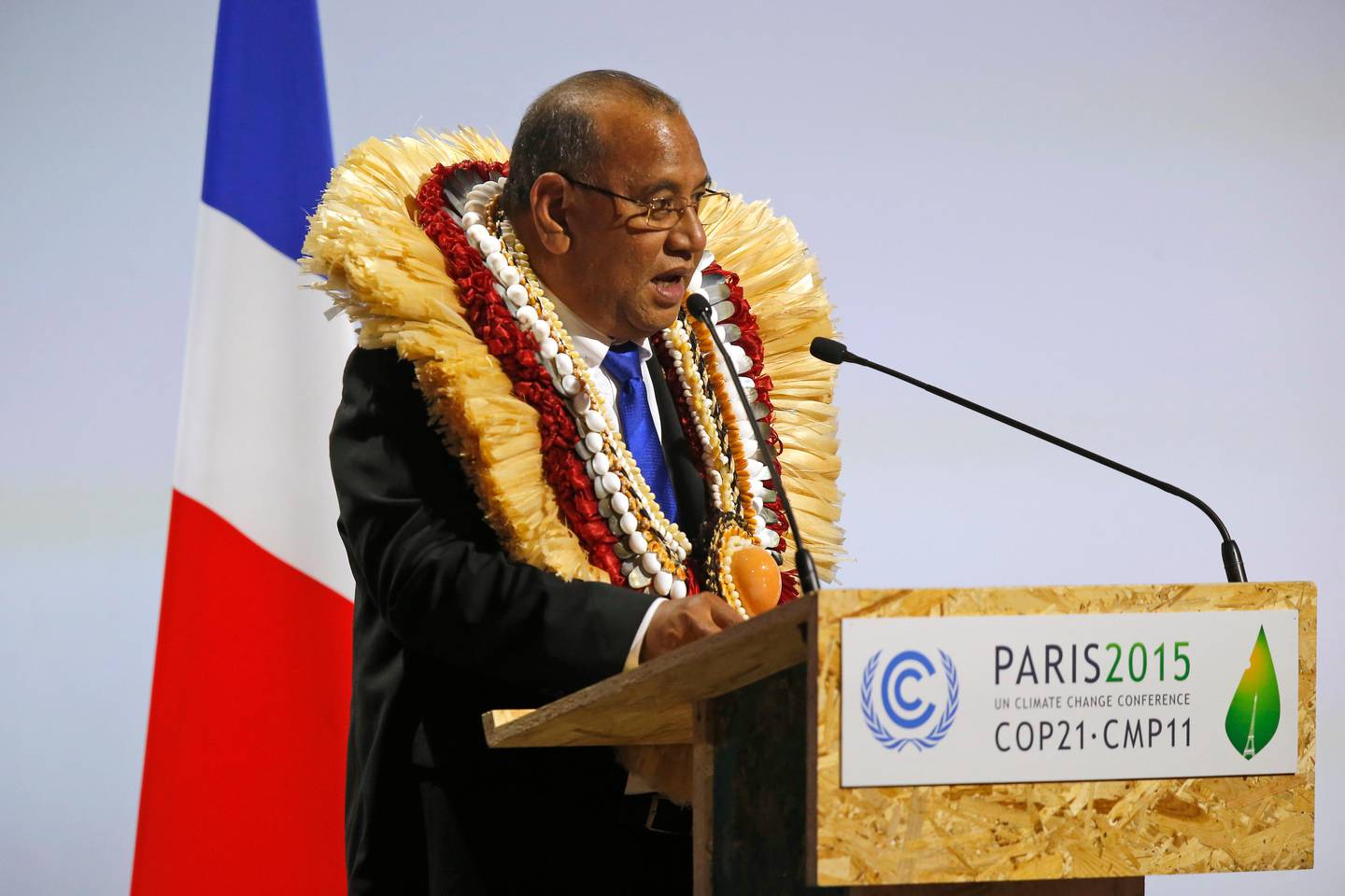 President of the Marshall Islands Christopher J. Loeak addresses world leaders at the COP21, United Nations Climate Change Conference, in Le Bourget, outside Paris, Monday, Nov. 30, 2015. (AP Photo/Michel Euler)