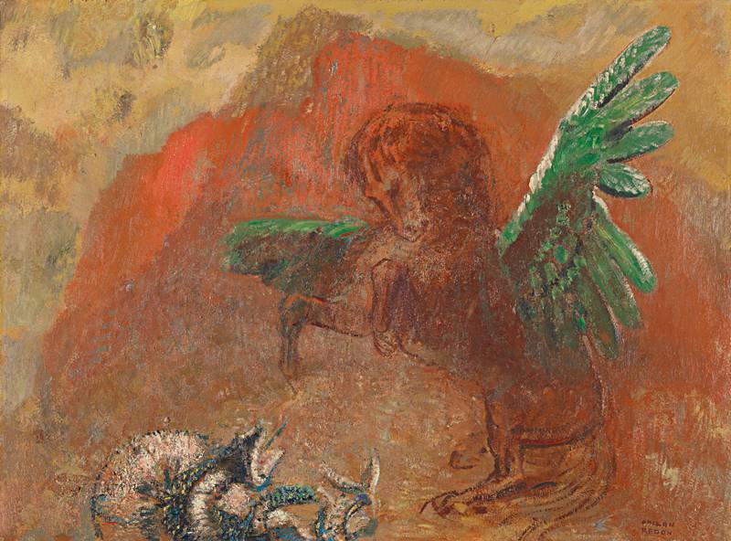 Redon gikk motsatt vei av mange kolleger. I kunsten og livet gikk han fra det mørke og dystre til det lyse og fargerike. Men tematisk er det kontinuitet i verkene. Her Pegasus og Hydra fra 1907.