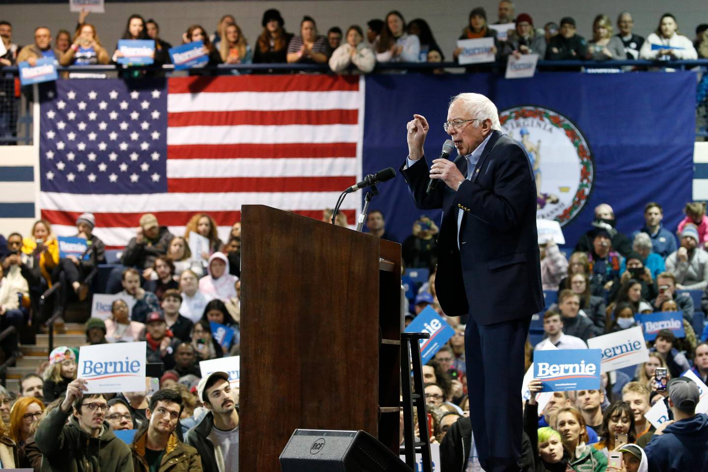 Democratic presidential candidate Sen. Bernie Sanders, I-Vt., gestures during a campaign rally Saturday, Feb. 29, 2020, in Virginia Beach, Va. (AP Photo/Steve Helber)