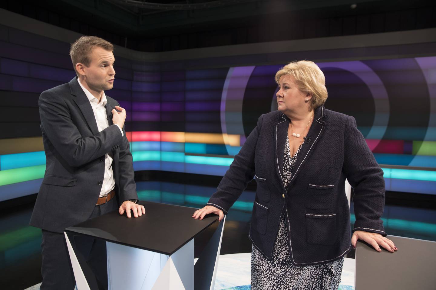 Kjell Ingolf Ropstad (KrF) og statsminister Erna Solberg (H) møttes i studio hos NRK kvelden 2. november 2018, rett etter at KrFs skjebnelandsmøte valgte å søke regjeringsmakt til høyre.