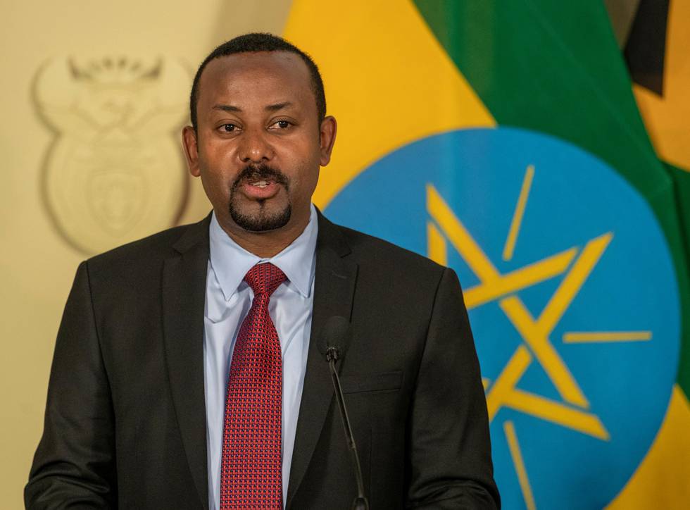 Ethiopia's Prime Minister Abiy Ahmed speaks during a joint media conference with South African President Cyril Ramaphosa after their talks at the Union Building in Pretoria, South Africa, Sunday, Jan. 12, 2020. (AP Photo/Themba Hadebe)