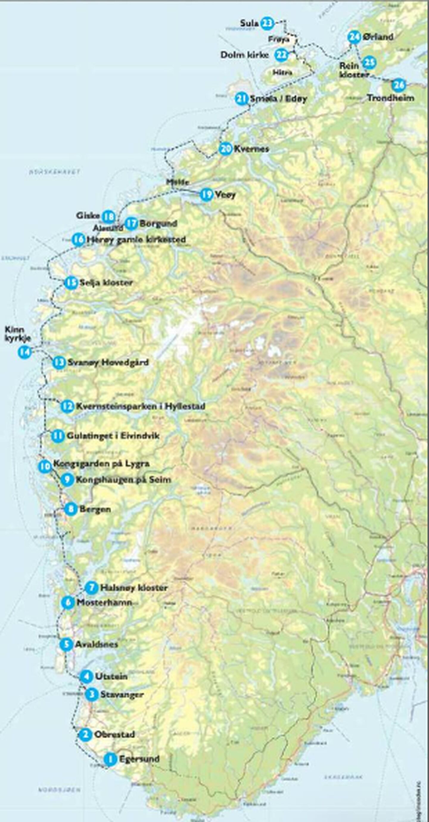 Kart over kystpilegrimsleia lands kysten på Vestlandet.