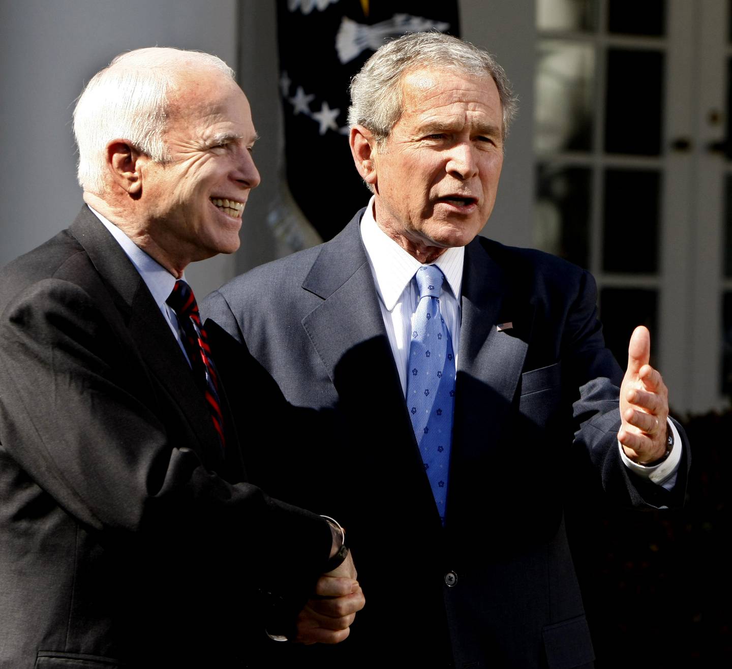 FILE - In this March 5, 2008 file photo, President George W. Bush and Republican nominee-in-waiting, Sen. John McCain, R-Ariz., shake hands in the Rose Garden of the White House in Washington. Expect Bush to stay far away from this year's presidential election. Mitt Romney's campaign doesn't foresee the 43rd president playing any substantive role in the race over the next six months and the GOP candidate's aides are carefully weighing how much the former president should be involved in this summer's GOP convention _ and for good reason. The Bush fatigue that was a drag on GOP nominee John McCain four years ago clearly still lingers, even among Republicans.  (AP Photo/Gerald Herbert, File)