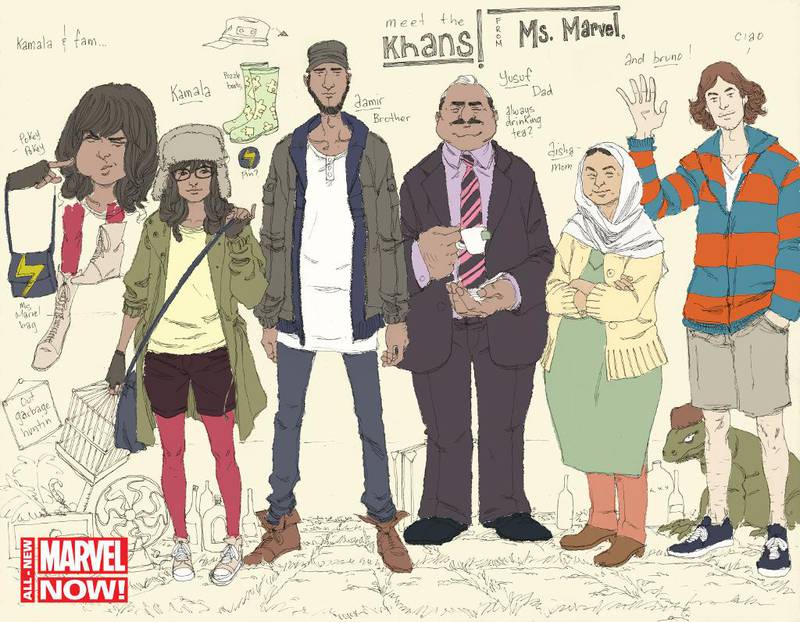 Kamala Khan, som er superhelten Ms. Marvel, er den første muslimske tegneseriefiguren som har fått sin egen serie. Hun bor i New Jersey og har pakistansk bakgrunn, og finner ut at hun er en hamløper.