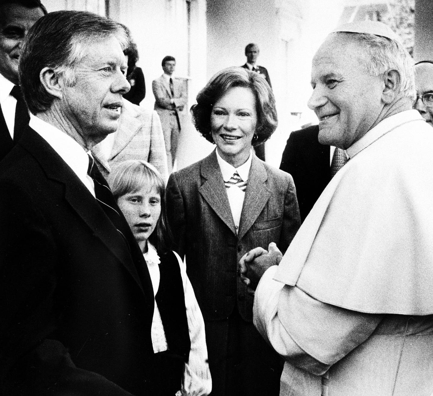 President Jimmy Carter, his wife Rosalyn and daughter Amy greet Pope John Paul II at the White House in Washington, Saturday, Oct. 6, 1979. (AP Photo)