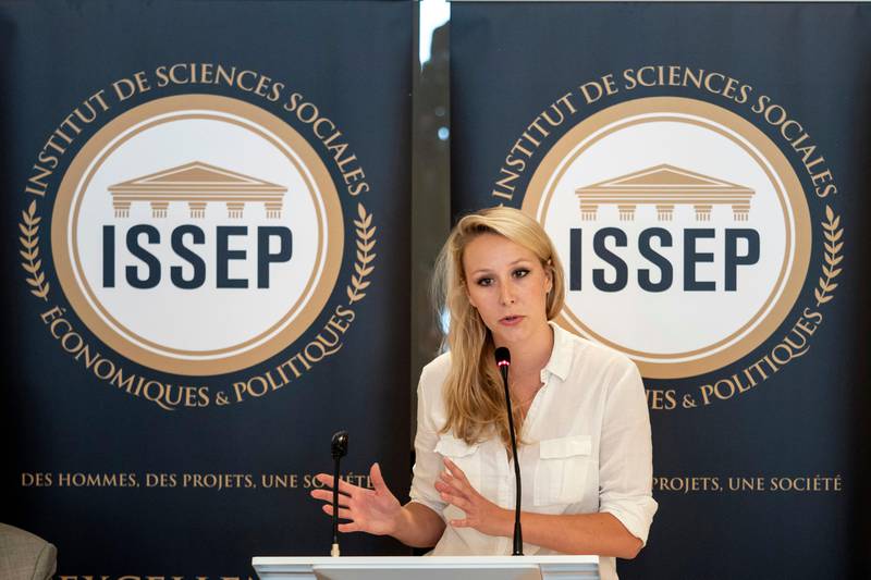 Marion Marechal delivers a speech as she inaugurates the Institute of Social Sciences, Economics and Politics (ISSEP) in Lyon, central France, Friday, June 22, 2018. Marechal, the grand-daughter of Nation Front co-founder Jean-Marie le Pen, launches a study program called the Institute of Social Science, Economics and Politics, a school which will offer masters qualifications with no formal recognition, and will offer highly conservative courses starting next September. (AP Photo/Laurent Cipriani)