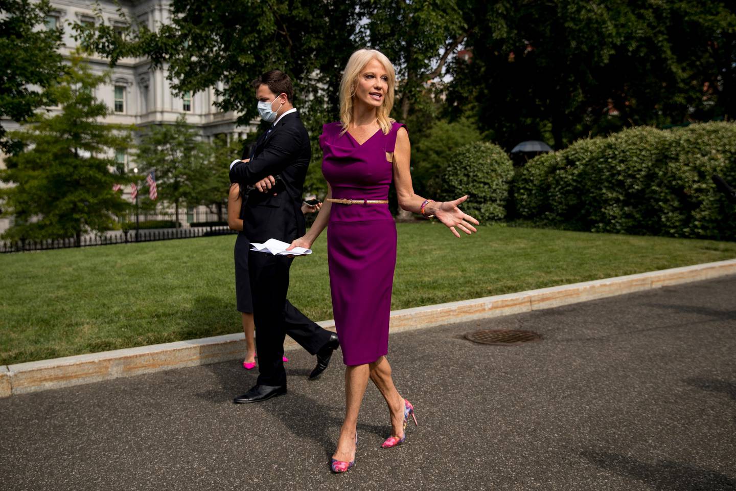 Counselor to the President Kellyanne Conway speaks to reporters outside the West Wing of the White House in Washington, Thursday, Aug. 6, 2020. (AP Photo/Andrew Harnik)