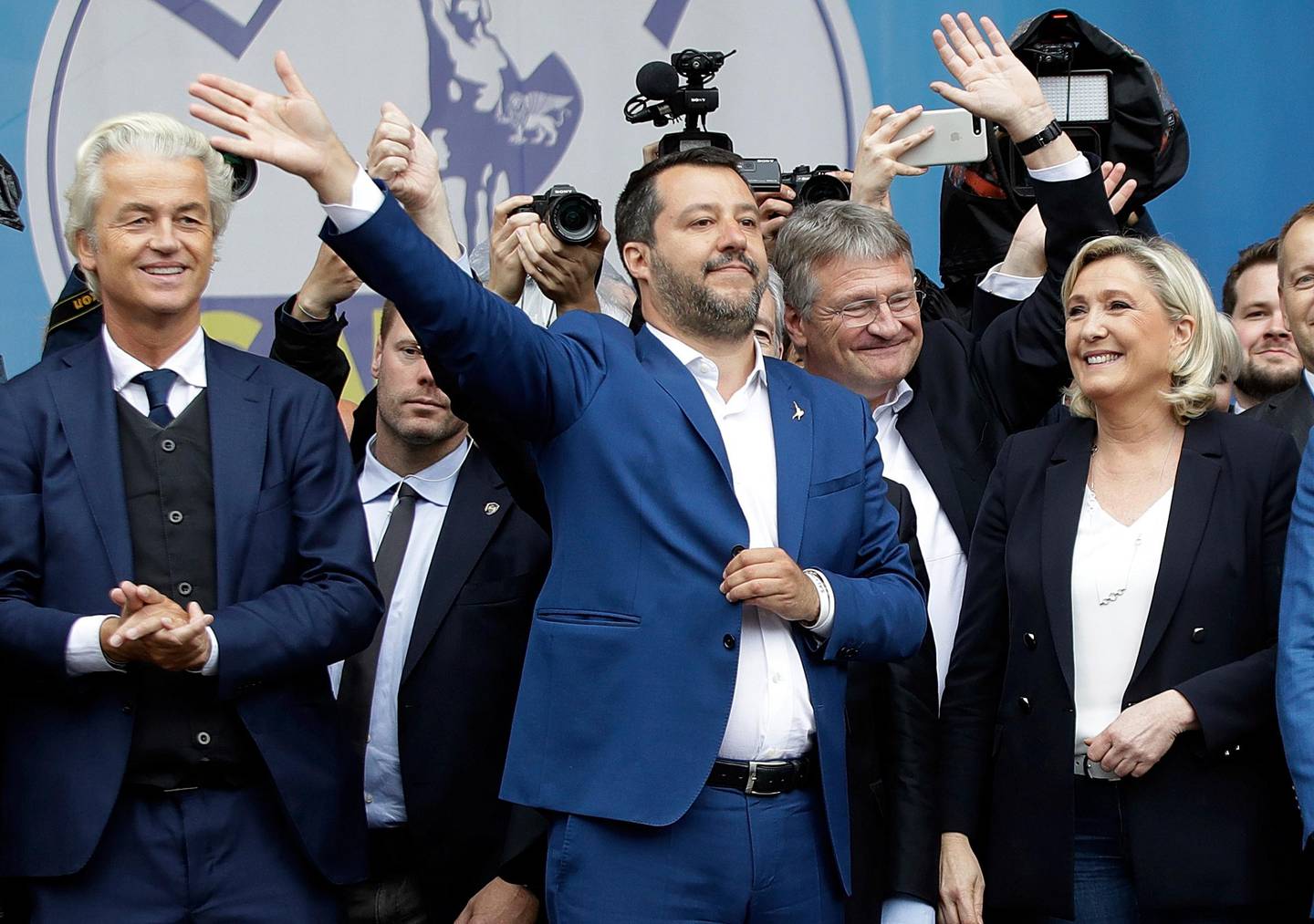 From left, Geert Wilders, leader of Dutch Party for Freedom, Matteo Salvini, Jörg Meuthen, leader of Alternative For Germany party, and Marine Le Pen, attend a rally organized by League leader Matteo Salvini, with leaders of other European nationalist parties, ahead of the May 23-26 European Parliamentary elections, in Milan, Italy, Saturday, May 18, 2019. (AP Photo/Luca Bruno)