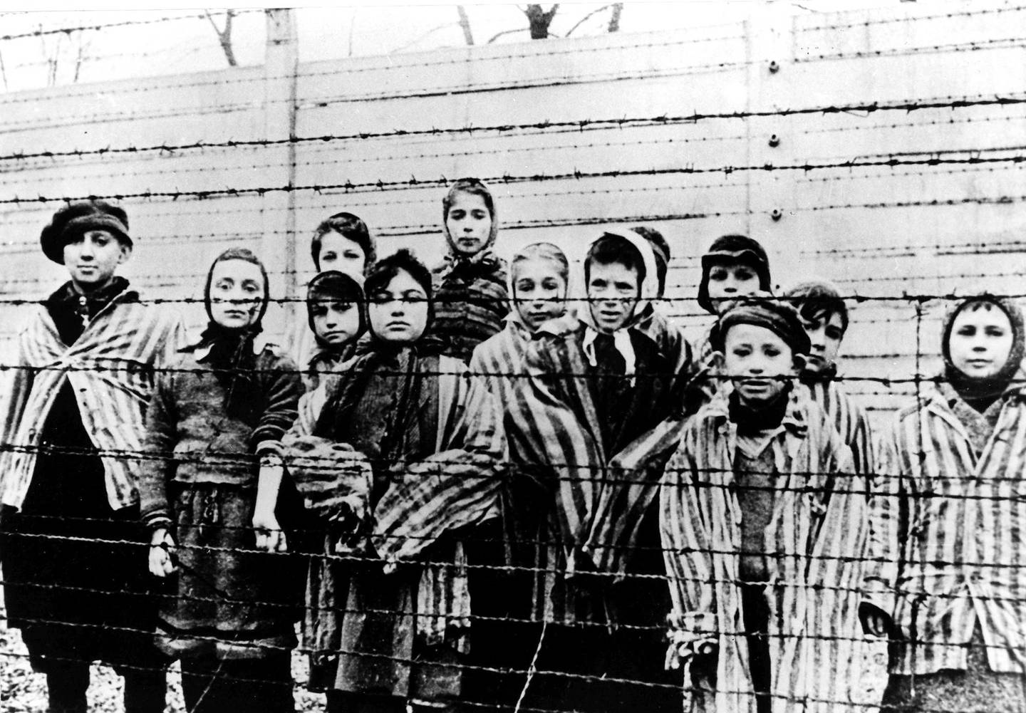 ** TO GO WITH STORY SLUGGED MIDEAST ISRAEL AUSCHWITZ SURVIVORS TALK** FILE ** A picture taken just after the liberation by the Soviet army in January, 1945, shows a group of children wearing concentration camp uniforms including Martha Weiss who was ten years-old, 6th from right, at the time behind barbed wire fencing in the Oswiecim (Auschwitz) nazi concentration camp. 60 years ago, on January 27, 1945, Red Army soldiers liberated the Concentration Camp in Auschwitz, Poland. Like all children too young to work, 10-year-old Martha Weiss was selected  for death when she arrived at Auschwitz in 1944 but said the SS diverted her  group from the gas chamber after Russian planes flew over. She said she and her  older sister Eva spent their last month before liberation in Mengele's notorious  experimental ward. (AP Photo/CAF pap) ** B/W ONLY **