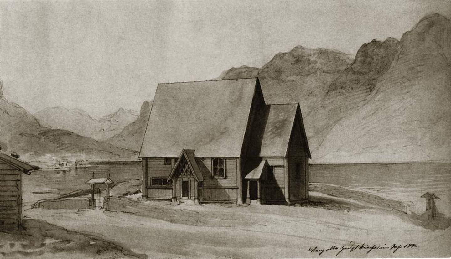 Vang i 1841 – året da stavkirken ble auksjonert bort. Tegningen er av Franz Wilhelm Schiertz, J. C. Dahls elev. Han var senere med på den norske nordhavsekspedisjonen og ble Fridtjof Nansens tegnelærer.