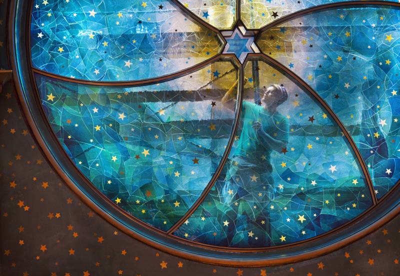 Håndverkere jobber på Kiki Smiths glassmaleri til synagogen i Eldridge Street.