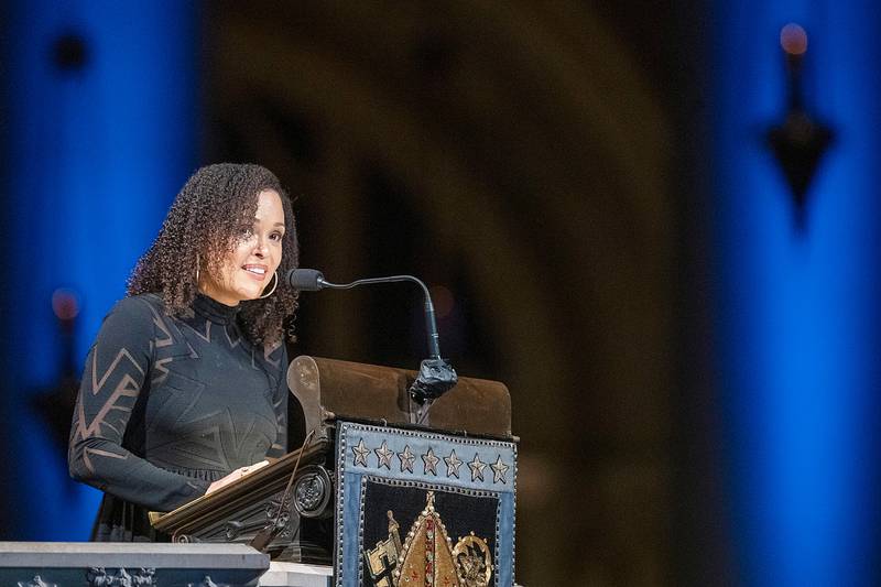 Author Jesmyn Ward speaks during the Celebration of the Life of Toni Morrison, Thursday, Nov. 21, 2019, at the Cathedral of St. John the Divine in New York. Morrison, a Nobel laureate, died in August at 88. (AP Photo/Mary Altaffer)