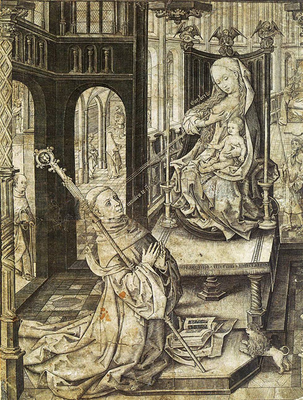 Gravering fra ca. 1480 som viser legendehistorien om St. Bernard av Clairvaux som får morsmelk fra jomfru Maria sprutet inn i sitt eget øye, og blir helbredet.